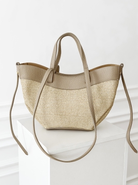 Torebka Boston | shopper | skóra naturalna + raffia | beż ♡
